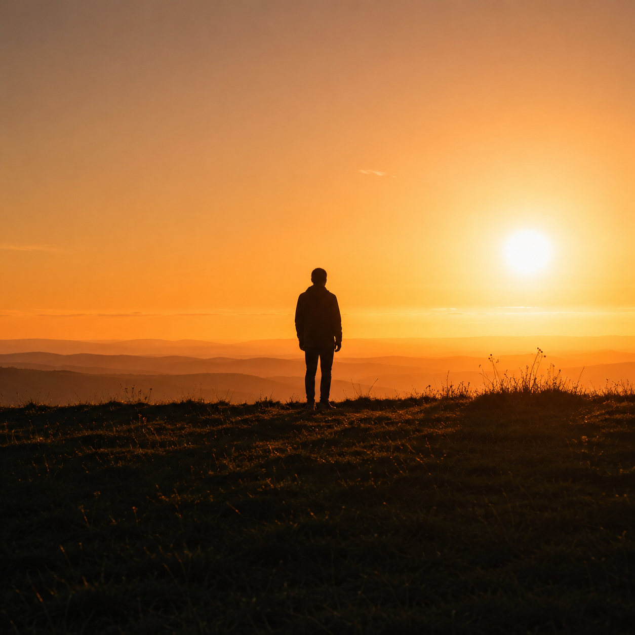 A cinematic sunset over a peaceful horizon with a solitary silhouette on a hilltop, warm orange and amber light suggesting quiet reflection.